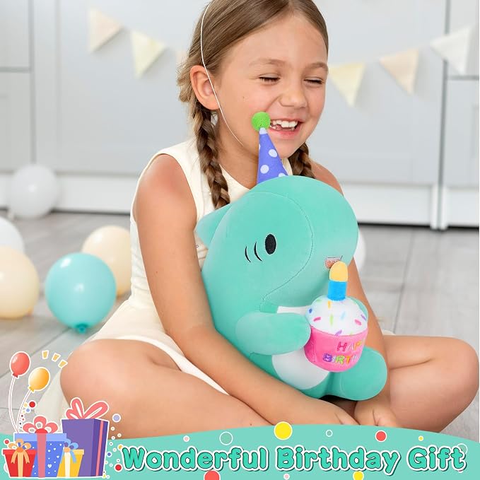 Auspicious beginning Birthday Gift Shark Plush Stuffed Animal, 11.8'' Kawaii Soft Birthday Shark Plush Toys with Holding Cute Birthday Cake Gift for Girls Boys, Children's Day, Anniversary, Green