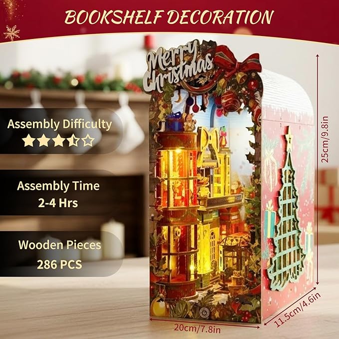 Christmas Book Nook Kit – DIY Miniature House Dollhouse Kit for Adults & Teens, 3D Wooden Puzzle Tiny House Bookshelf Decor, for Family and Friends
