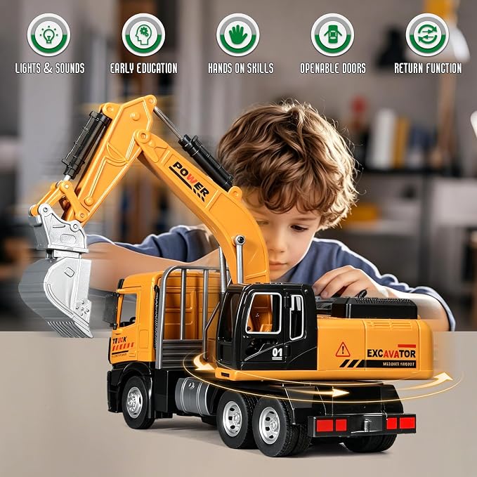 Excavator Toy Diecast Metal Cab Construction Truck Toys for Kids Excavator with Movable Robotic Arm Pull Back Toy Excavator with Lights and Sounds Excavator Toys for Boys 3-5 Year Old
