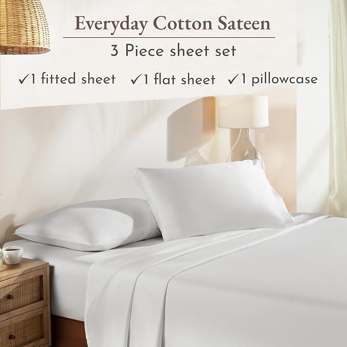 California Design Den Twin Sheet Set - Natural 100% Cotton Sheets with 12" Pockets, Soft Sateen Weave, Breathable and Durable Bedding Set for Dorm Rooms, College Ivory (Eggshell)
