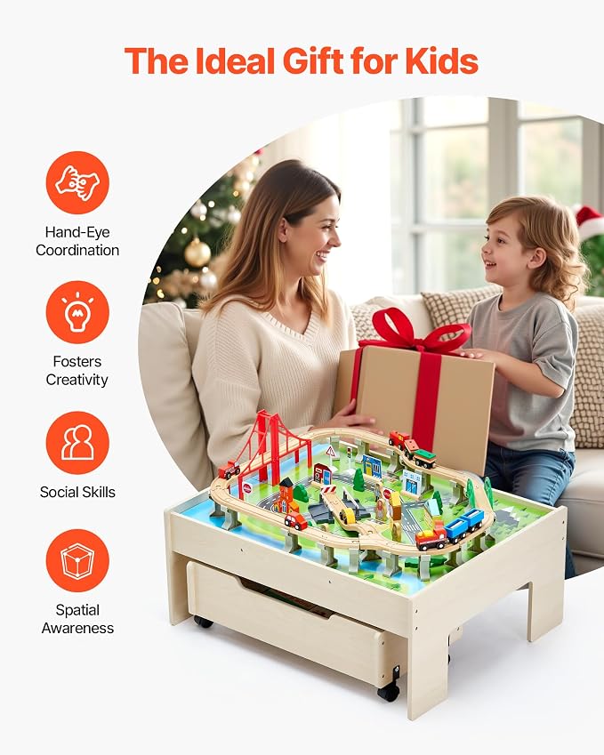 VEVOR Train Table, 100 Multicolor Pieces Wooden Kids Activity Table with Rolling Storage Drawer, 3-in-1 Wooden Train Set for Gaming, Drawing, Reading, Eating, Creative Toy Set for Kids Ages 3+