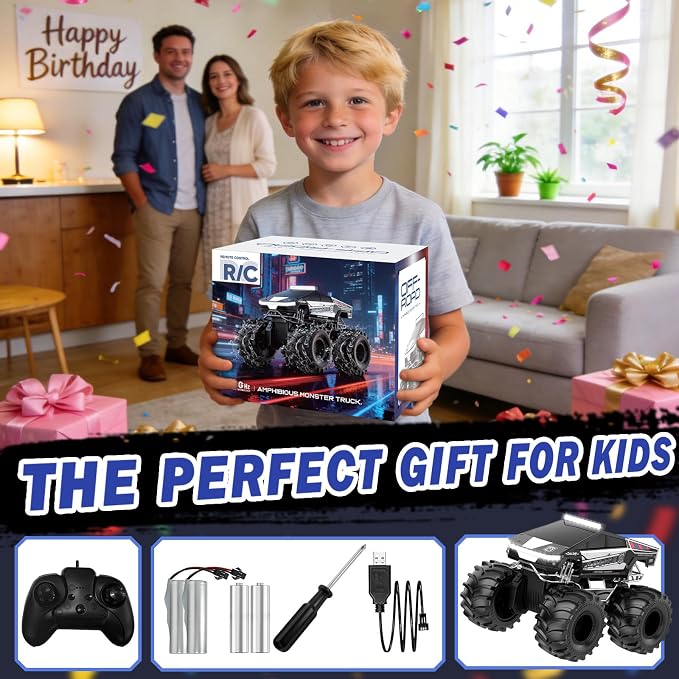 Qrytoi Police Cyber Remote Control Car, 1:18 Amphibious RC Car for Boys and Girls, 2.4GHz Waterproof Monster RC Car with 2 Rechargeable Batteries, Remote Control Truck Toys for Kids 6+