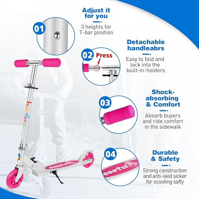 BELEEV V1 Scooters for Kids, 2 Wheel Folding Kick Scooter for Girls Boys, 3 Adjustable Height, Light Up Wheels, Lightweight Scooter with Sturdy Frame, Kickstand for Children 3 to 12 Years Old
