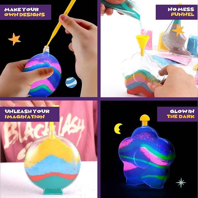 Create Your Own Magic Sand Art Glitter Activity | Glow in the Dark Colored Custom Sand Kits for Kids - Includes 12 Bottles, Funnels, Sticks, 60 Bags of Colorful Sand | DIY Arts and Crafts (24 Pack)