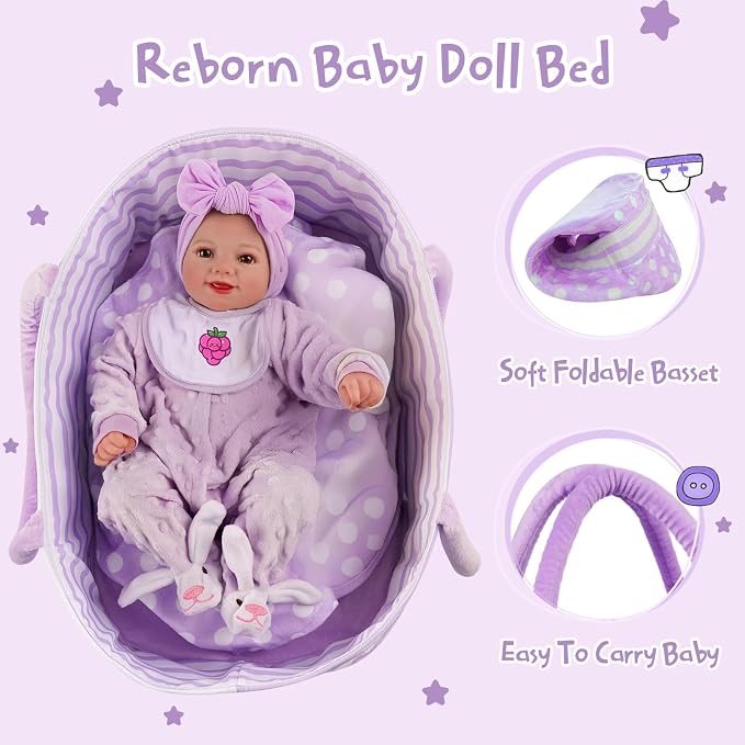 BABESIDE Lifelike Reborn Baby Dolls with Bassinet, 17 Inch Soft Body Realistic Newborn Real Life Girl Baby Dolls Soft Vinyl and Cloth Body with Basket & Feeding Kit Gift Box for Kids Age 3+