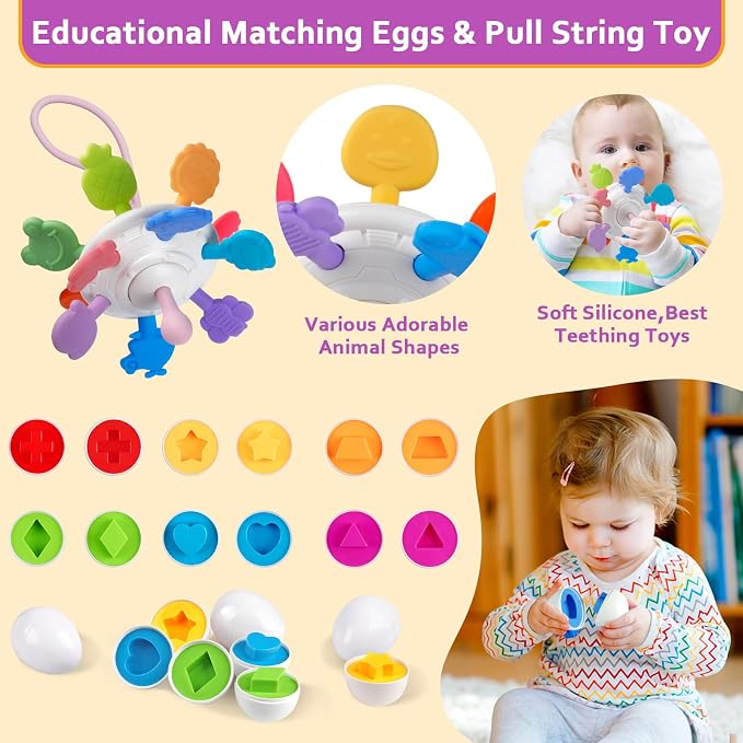 Plunack 6 in 1 Montessori Baby Toys for 6-12 Months — Stacking Blocks & Rings, Pull String, Suction Cup Spinner, Matching Eggs Shape Sorter & Sensory Bin, Infant Developmental Gift Set