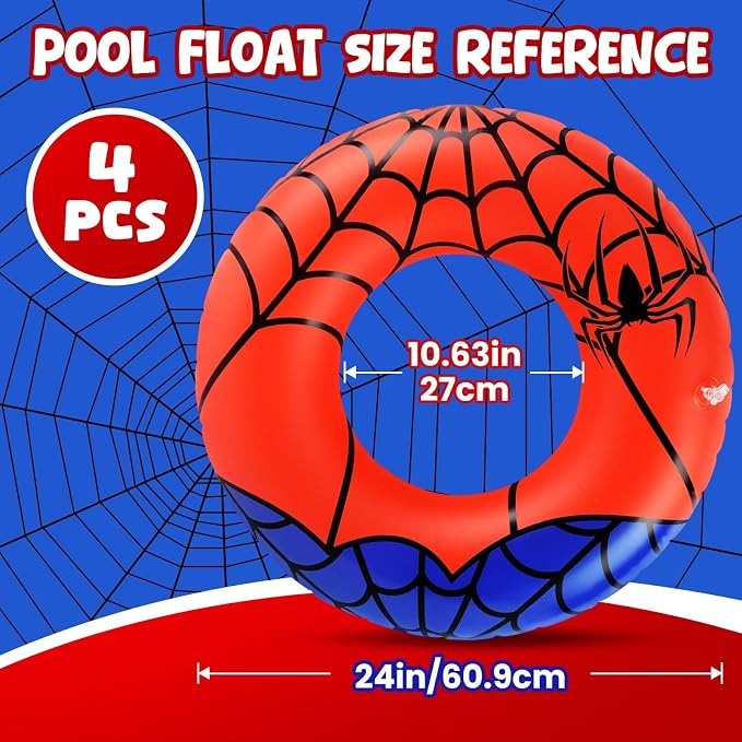 4 Pcs Spider Party Pool Floats, 24 Inch Web Pattern Swim Rings for Kids Ages 5-8 Pool Tube, Inflatable Pool Toys for Hawaiian Luau, Beach, Water Park Fun