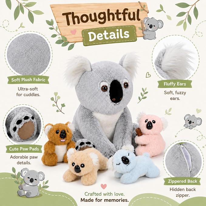 5 Piece Koala Plush Family Set, 17.7 Inch Mom Koala Stuffed Animal with 4 Baby Koala Plush Toys, Soft Koala Bear Plush with Zippered Back Pouch, Birthday for Kids