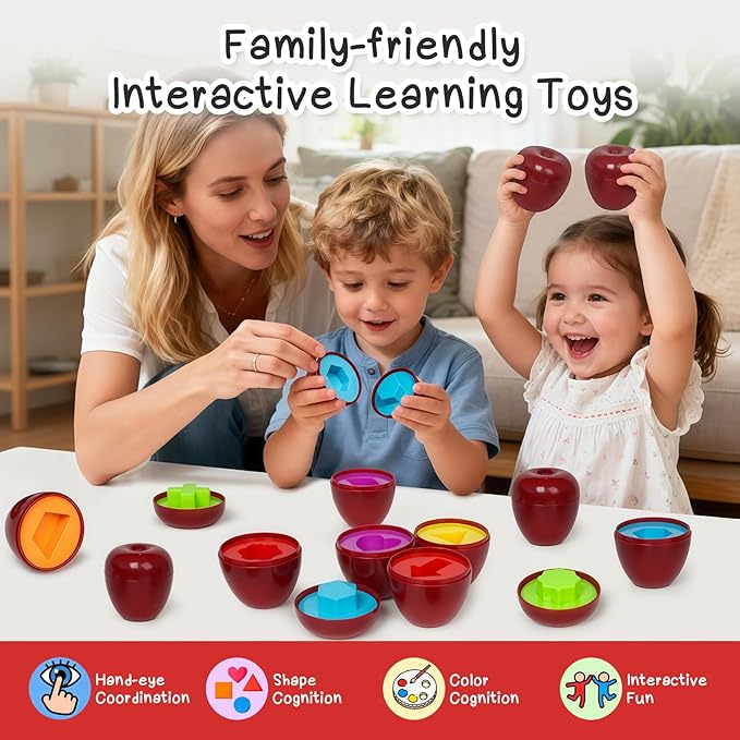 Apple Toys,Montessori Geometric Shape Sorter Toys for Toddlers 1-3,Early Educational Learning Color Sorting & Fine Motor Matching Games,Easter Basket Stuffers Gifts for Preschool Boys Girls