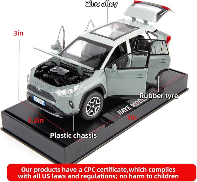 WAKAKAC Model Car 1/32 RAV4 Alloy Diecast Collectible Toy Car with Light and Sound Toy Vehicle Door Can Be Opened for Boys Kids Toddler Gift (Gray)