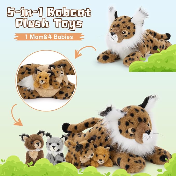 Muiteiur 5 Piece Lynx Stuffed Animals, Soft Bobcat Stuffed Animals with Babies,18-inch Plush Toy for Kids Girls Boys, Fun Gift for Birthday Children Day