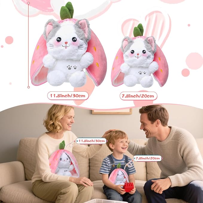 MIAODAM Cat Plush Stuffed Animals, Cute Reversible Strawberry Turn Into Cat Zip Plush, Funny Plushies Toy in A Strawberry Stuffie for Kid (7.8inch)