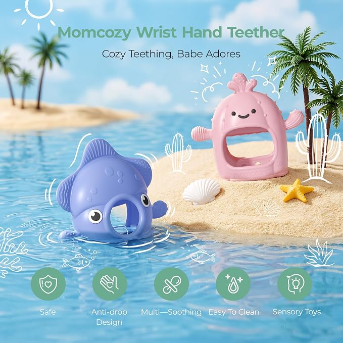Momcozy 2 Pack Teething Toys, Food Grade Silicone Baby Teethers for 0–12 Months, Baby Teether Mitten Wrist, Teething Relief with Multiple Chew Points,Hygienic Seamless UV-Integrated Design，Blue&Pink