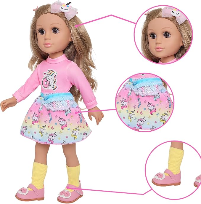 Ecore Fun 18 Inch Girl Doll with Clothes Accessories, Fashion Doll with Styling Brown Hair, Unicorn Hair Clip, Phone, Bag, Outfit & Shoes, Gift Ready for Birthday & Pretend Play