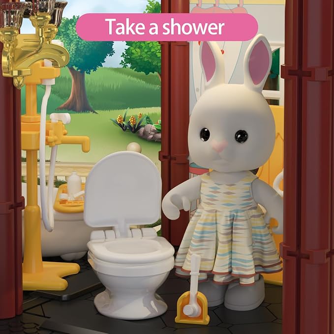 Dollhouse Kit Playset Little Critters Bunny Dolls for Girls with Swimming Pool and Slideside Family Toys for Toddler 5 Year+ Old Girl
