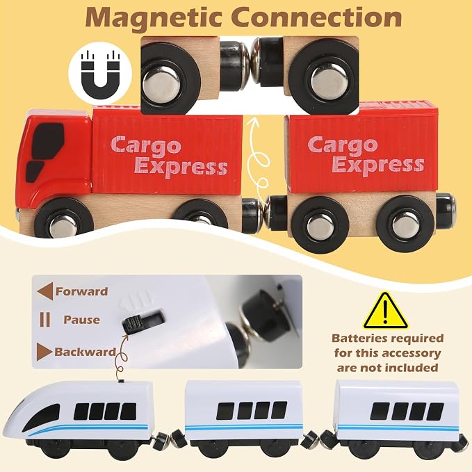 104 Pcs Wooden Train Set for Toddlers, Magnetic Trains with Track for Kids Ages 3-6, Compatiable with Major Brands, Construction Railway Playset Gifts for Boys and Girls Ages 3+