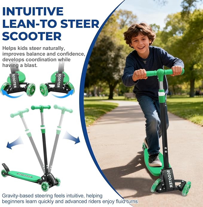 3 Wheel Scooter for Kids Ages 3-12, LED Light-Up Kids Kick Scooter–Portable Foldable, Adjustable Height, Durable Metal Construction, 6" Extra Wide Deck for Outdoor Activities,Child Safety Certified