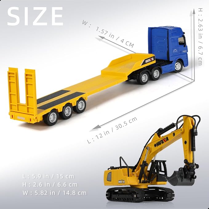 Semi Truck Toy and Trailer, 1/50 Scale Diecast Alloy Metal Semi and Trailer Model Gifts for Boys Adult Model Car Collector (10.Semi Truck and Excavator Set-Blue)
