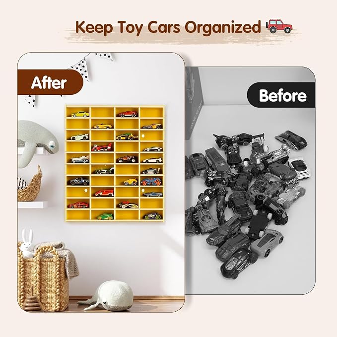 Krafetto Toy Car Display Shelf, Holds 40 Diecast 1/64 Toys Car, Wall Mount Model Cars Storage Organize Case (Yellow 1/64 Toy Car Display Shelf)