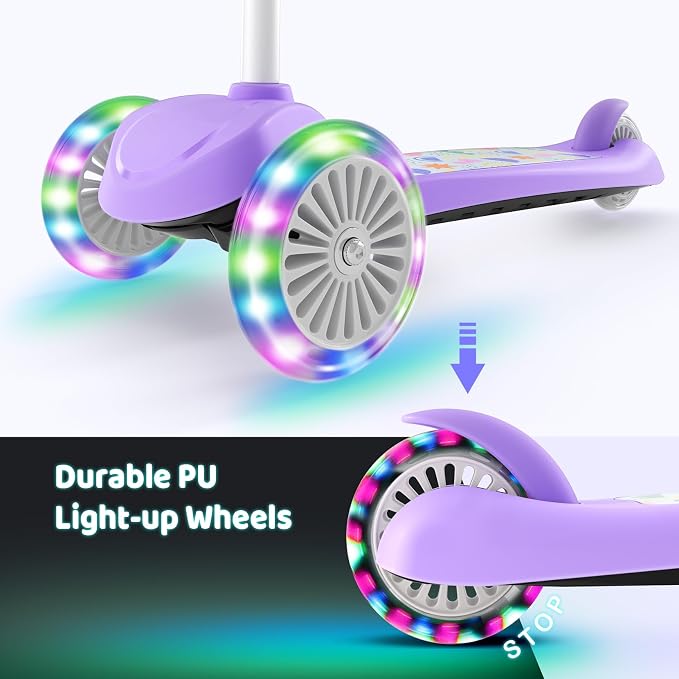 TONBUX Kids Scooter for Ages 3-5, Toddler Scooter with Light-Up Deck and Wheels, Adjustable 4-Level Height 3-Wheel Scooters for Kids, Lean-to-Steer Design