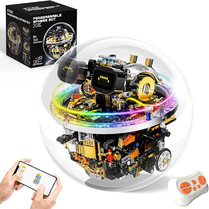 STEM Robot Building Kit for Kids Ages 8-14, 804 PCS Remote & APP Control Spherical Robotics Toy with LED Expressions & Cyberpunk Lights, Programmable Rolling Technic Coding Set, Gift for Boys & Girls
