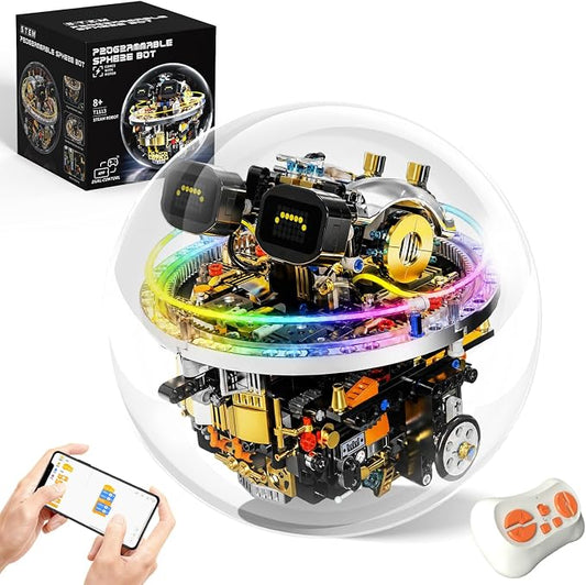 STEM Robot Building Kit for Kids Ages 8-14, 804 PCS Remote & APP Control Spherical Robotics Toy with LED Expressions & Cyberpunk Lights, Programmable Rolling Technic Coding Set, Gift for Boys & Girls