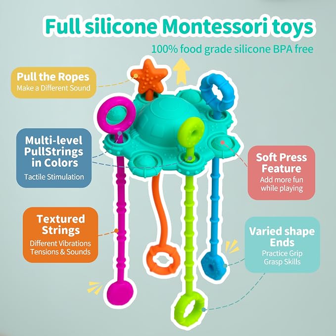 Montessori Pull String Toy Silicone Travel Toy | Food Grade Silicone Early Development Toy, Fine Motor Skills Sensory Toys, Montesorri Gifts (Pink)