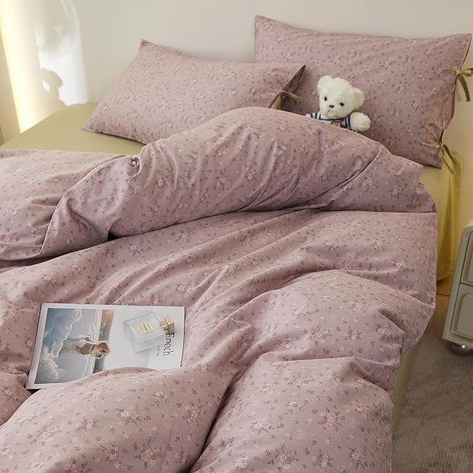 Purple Floral Comforter Set Full Size, 3 Pieces Cottagecore Aesthetic Cute Flowers Comforter Set for All Seasons, Coquette Floral Mauve Bedding Vintage Botanical Comforter with 2 Bow Ties Pillowcases