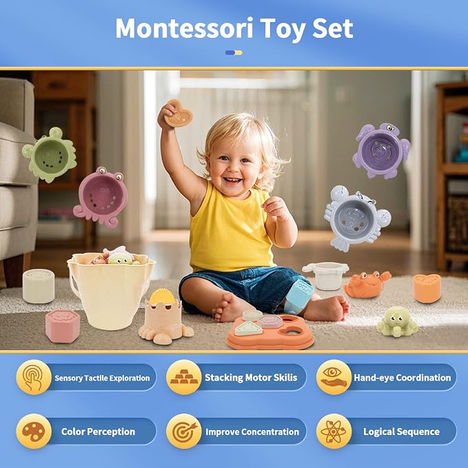 BYFWH Stacking Toy for Toddler 1-3, Baby Shape Sorter Nesting Cup for Infant 12-18 Month, 4 in 1 Monstessori Learning Toys for Sand & Bath, Birthday Gift for Girls Boys 1 2 3