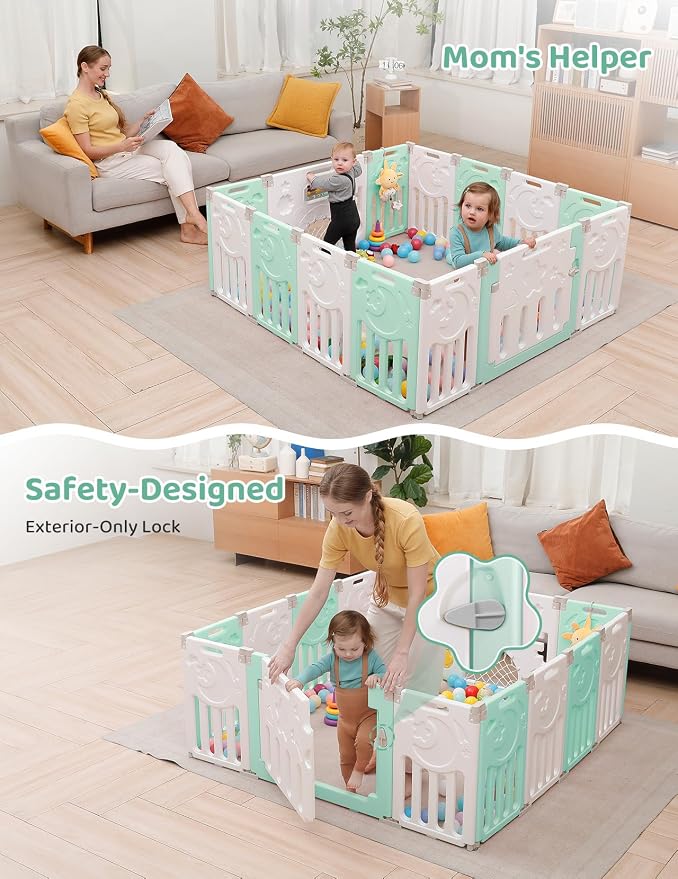 Dripex Baby Playpen, 14-Panel Foldable Playard for Toddlers 6-36 Months, Adjustable & Portable Indoor Outdoor Safety Play Area with Anti-Pinch Design, Game Panel and Safety Gate, Light Green White