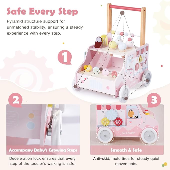 labebe Wooden Push Walker, Push Activity Walker for Kids 12M+, Multifunctional Ice Cream Cart Activity, Adjustable Speed Learning Walking with Wheels, Birthday Gift for Girls Boys Ages 1-3 (Pink)