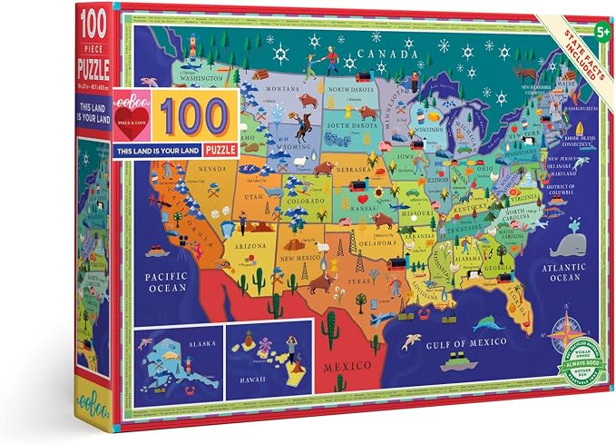 eeBoo 100 Piece Puzzle for Kids - This Land is Your Land Children's Puzzle USA Themed, Large Pieces for Small Hands to Develop Motor Skills