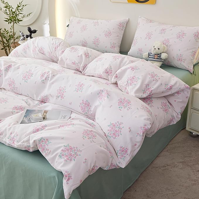 Aesthetic Floral Comforter Set Twin XL, 3 Pieces Pink White Cottagecore Comforter Floral Bedding Set, Lightweight Vintage Botanical Flowers Comforter with 2 Bow Ties Pillowcases for Girls Women