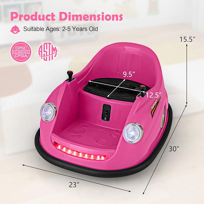 Costzon Bumper Car for Toddler, 12V Electric Kids Ride on Bumper Car with Remote Control, 360 Degree Spin, LED Lights, Music, Battery Powered Baby Bumping Toy Gift for Toddlers 2-5 Years Old (Pink)