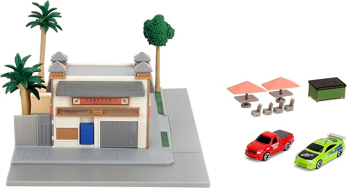 Fast & Furious Toretto's Market & Cafe Nanoscene & 2 1.65" Die-cast Cars, Toys for Kids and Adults