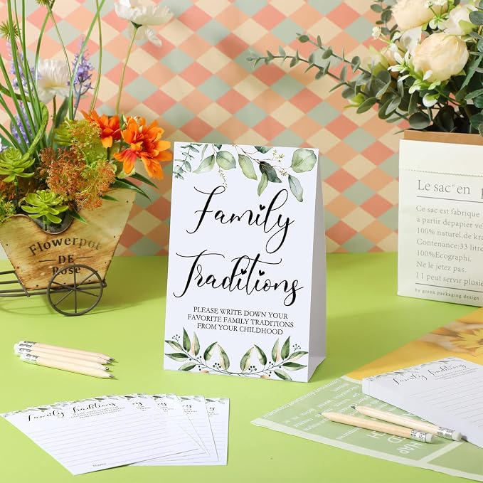 Fumete 61 Pieces Family Tradition Baby Shower Games Include 1 Family Traditions Standing Sign and 50 Activities Cards with 10 Pencils for Gender Reveal Bridal Shower Wedding(Green,Greenery)