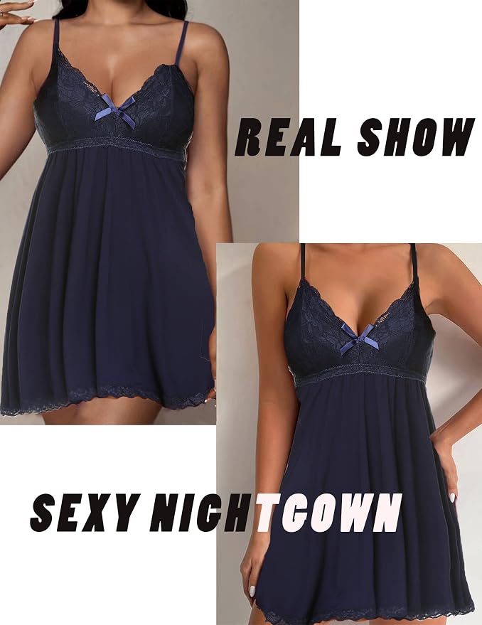 Avidlove Women Nightgown Sexy Sleepwear Lace Chemise V-neck Modal Babydoll Lounge Dress
