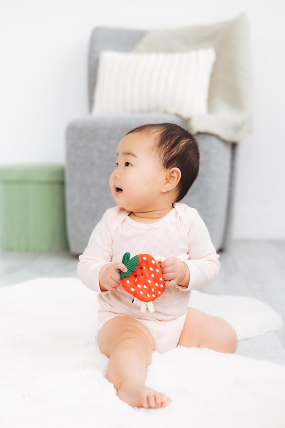 Pearhead Strawberry Baby Teether – Soft Plush Sensory Toy with BPA-Free Silicone Beaded Ring & Crinkle Sound, Soothes Teething Pain, Newborn Essentials for Boys and Girls, 0+ Months