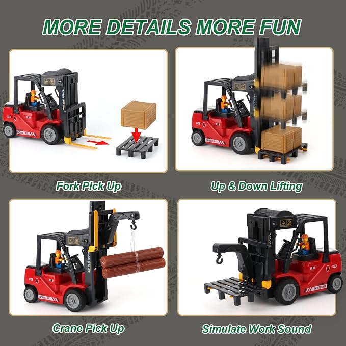 RC Forklift with Trailer, 2 in 1 Transform Lift Fork & Hook, Kids Forklift Toy with Light & Sound & Spray, 11 Channel Remote Control Forklift, Construction Vehicles Toy Gift for Kids 6+ (Red)