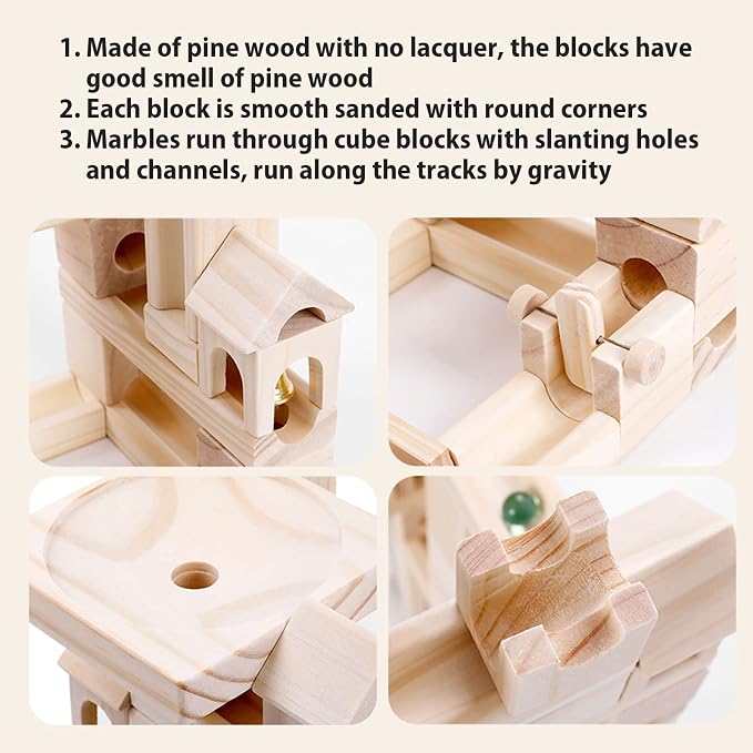 Wooden Marble Run for Kids Ages 4-8, 80 Pieces Wood Building Blocks Toys and Construction Play Set, Marble Track Maze Game STEM Learning Toys Gifts for Boys Girls (80pc Set)