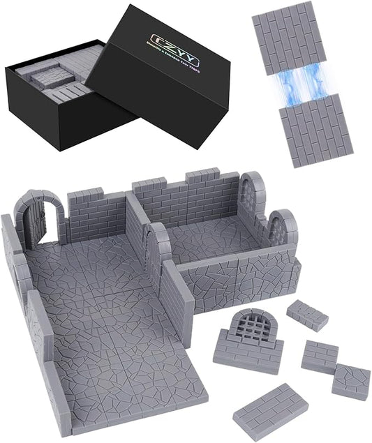 CZYY Magnetic Dungeon Tiles, 58 PCS Modular Terrain Set for RPGs, Basic Set | Double-Sided Texture, Paintable Gray Plastic, Quick Build 3D Battle Maps, Fits 25-32 mm Miniatures, Gift for DM & RPG Player