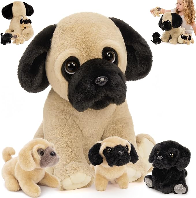 MorisMos Pug Dog Stuffed Animal with Babies,14'' Large Mommy Dog Push with Baby Puppy Toys for Kids,4Pcs Realistic Bulldog Toys for Girl Boy, Stuffed Pug Toy Gift for Birthday Christmas
