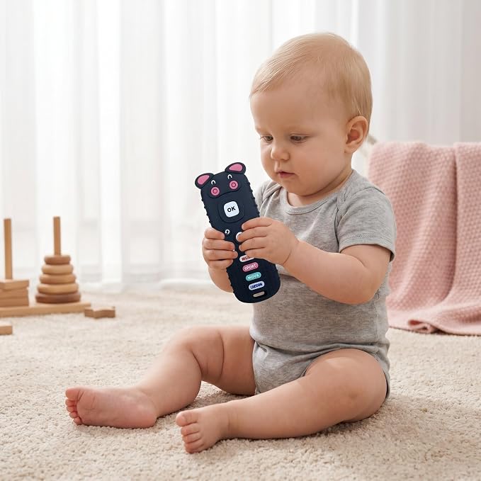 SOLIFEGOBLE Remote Control Teether for Babies 3-18 Months, Cute Pig-Shaped Silicone TV Remote Teething Toy, BPA-Free Soft Chew Toy with Textured Buttons, Teething Relief for Infants Boys Girls (Black)