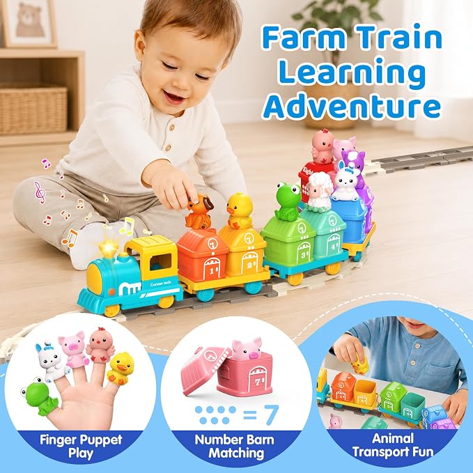Train Set for Toddlers 2-4, Electric Toddler Train Set with Farm Animals, Music & Lights, Montessori Counting & Sorting Learning Toy, Birthday Easter for Boys Girls (Blue/Yellow)