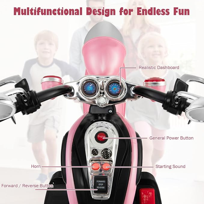 Costzon Kids Motorcycle, 6V Battery Powered Ride on Chopper Motorcycle w/Horn, Headlight, 3-Wheel Stable Ride on Toys, Electric Toddler Motorcycle for Kids, Gift for Boys Girls (Pink)