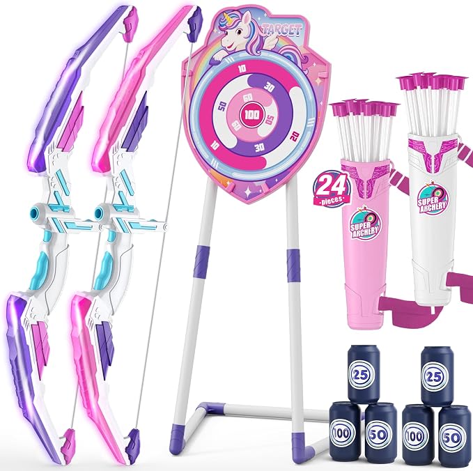 HYES 2 Pack Bow and Arrow for Kids 4-6, LED Light Up Archery Set with 24 Suction Cup Arrows, 1 Unicorn Standing Target, 6 Score Targets & 2 Quiver, Indoor Outdoor Sport for Girls Ages 8-12