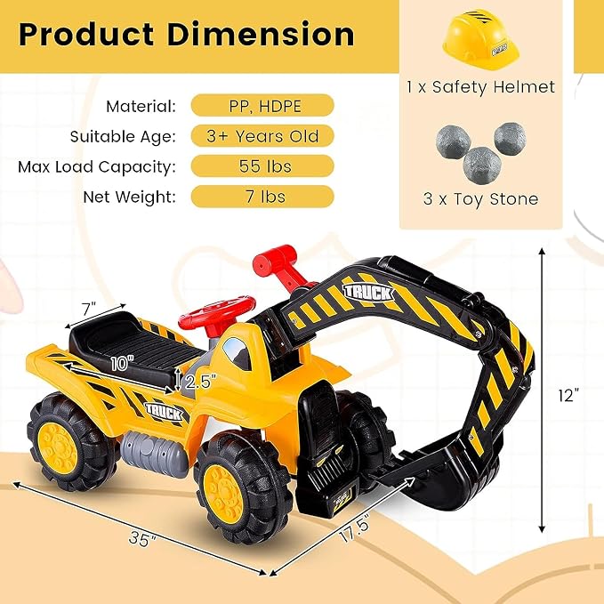 HONEY JOY Ride on Excavator, No Power Ride on Construction Vehicles for Kids, Helmet, 3 Toy Rocks, Adjustable Digger, Horn, Ride On Loader, Bulldozer Ride on Toy, Gift for Boys Girls