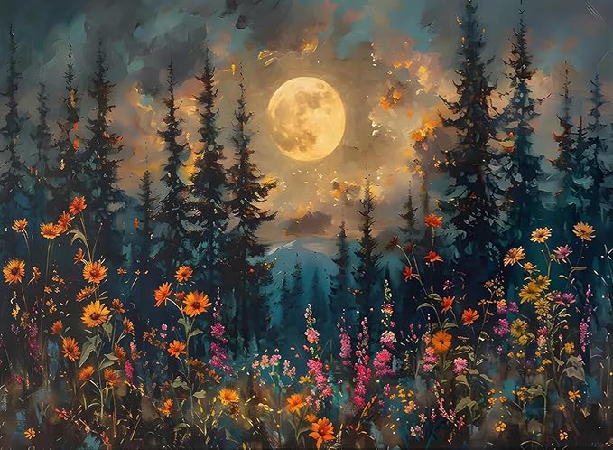 Paint by Numbers for Adults and Kids Beginner, Moonlit Tree Mountains Wildflowers Painting by Number Kits On Canvas Number Artist Paint by Number Kit Oil Painting Acrylic Paints Home Wall Decor Gift