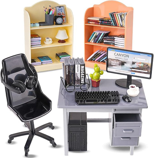 1:12 Scale Doll House Mini Computer Office Desk Furniture Accessories Set | Accessories for dollhouse: storage cabinets, books, desk lamps, eyeglasses, headsets, cell phones and game controllers