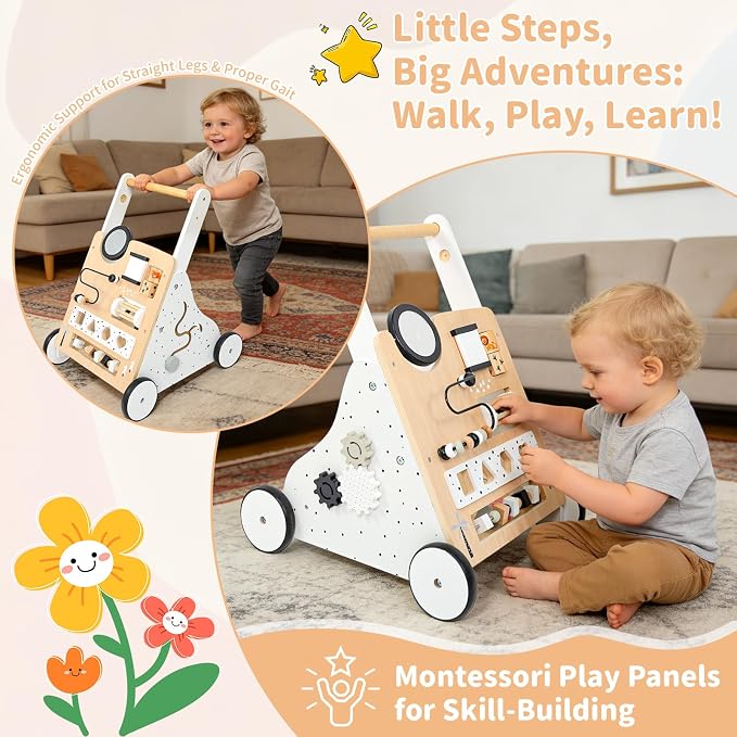 Wooden Baby Walker for Toddlers 1-3, Adjustable Height Montessori Push Toy with 9-in-1 Activity Center, Baby Push Walker with Wheels for Learning to Walk, Gift for 12 Month Old Girls Boys